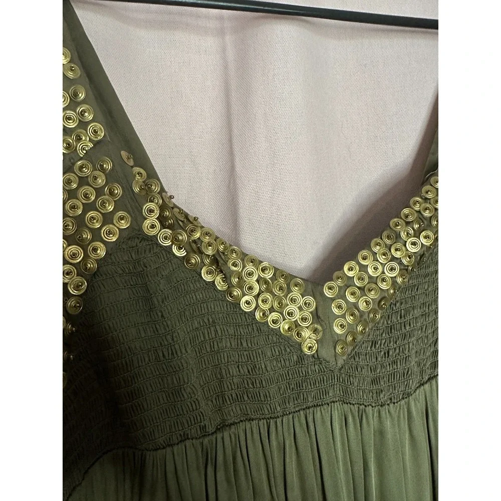 Free People Isadora Maxi Dress XS Olive Satin Gold Sequin Boho Summer